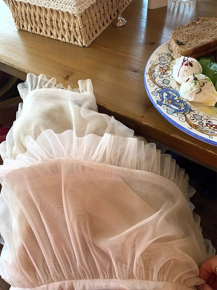 Sweet Chic Ruffle Mesh Tutu Cake Skirt Elastic Waist Beige Streetwear Long Skirt 2025 New Spring Summer A-line Fashion Skirts voguable