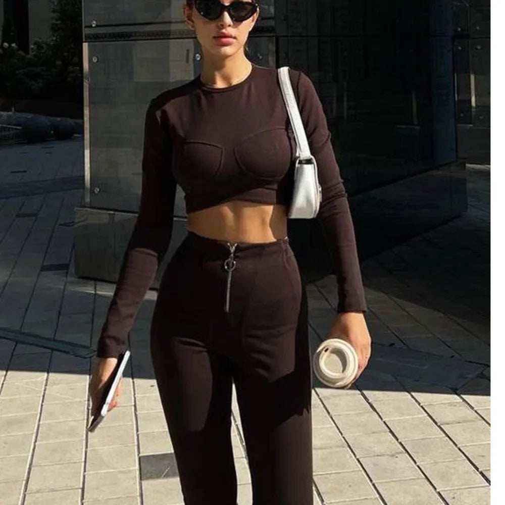 Autumn/Winter Long sleeved Pants Tight Zipper Two Piece Crop top Women Elastic Casual Fashion Set Female Street Clothing voguable