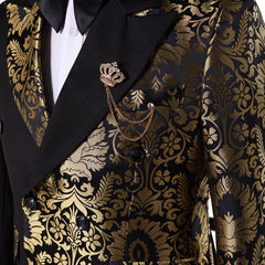 Voguable  Double Breasted Black Gold Floral Jacquard Slim Fit Mens Suits Wedding Groom Tuxedos Party Jacket Pant Terno Masculino voguable