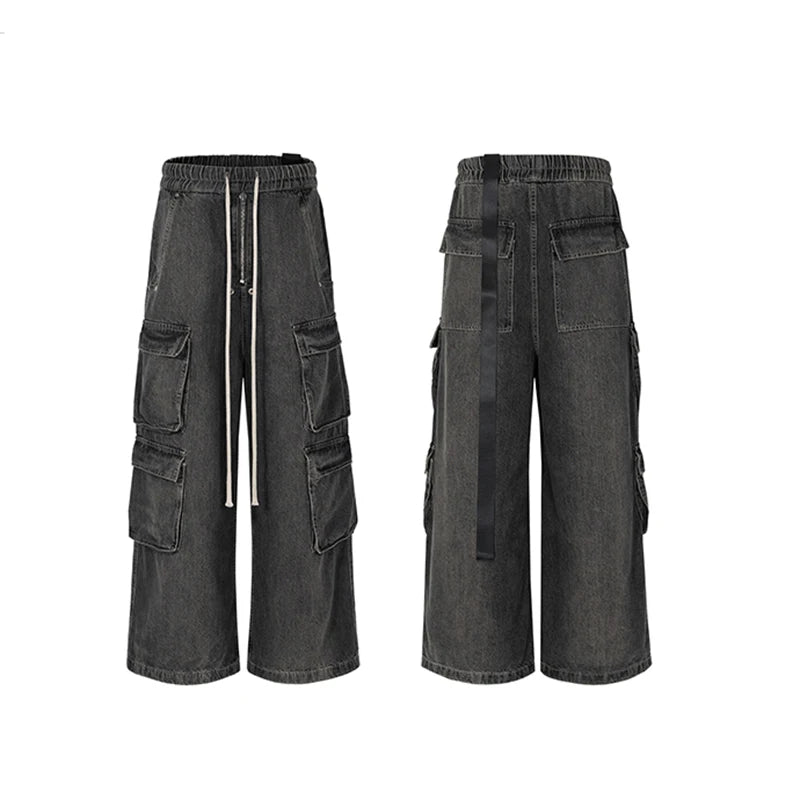 RO Style Gradient Ribbons Multi-pockets Drawstring Jeans for Men Harajuku Streetwear Baggy Y2K Denim Trousers Oversized Cargos voguable