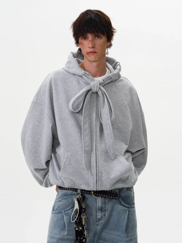 American solid strap design hooded sweatshirt cardigan men's autumn winter new coat couple tops loose versatile jacket voguable