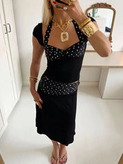 Patchwork Fashion 2 Piece-Set MIni Skirt For Women Lace-Up Contrast Backless Cropped Top And High Waist Skirt Sets Female voguable