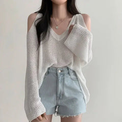 Sexy Off Shoulder Sweater Women V Neck Long Sleeve Thin Knitwear Korean Oversized Loose All Match Casual Female Pullovers New voguable