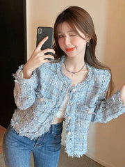Chic Tassel Slim Tweed Jacket Women Casual Sweet Long Sleeve Short Coat Korean Fashion O Neck Elegant Design Plaid Tops New voguable