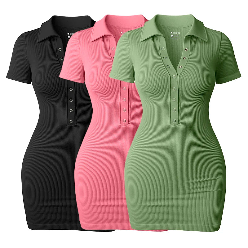 Voguable  Short Sleeve Slit Sexy Mini Dress Elegant Fashion Ribbed V-Neck Dresses For Women Cute Solid Color Summer Dresses voguable