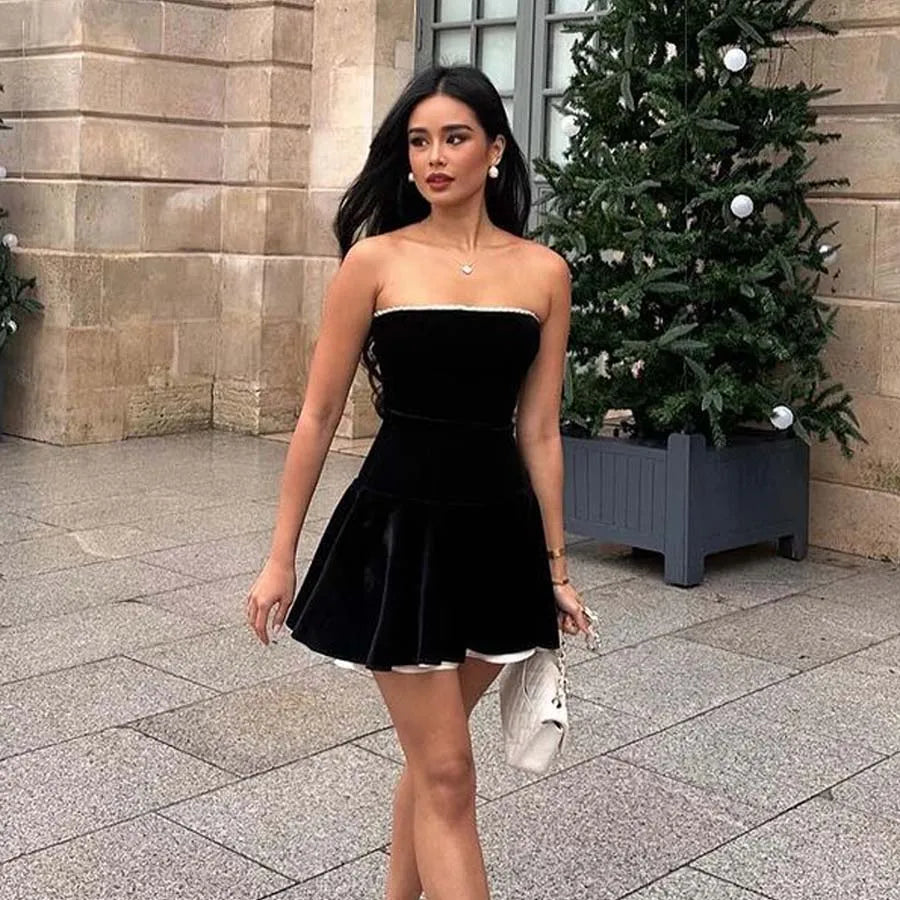Voguable Black Strapless Christmas Dress Sexy A Line Vintage Velvet Party Mini Dresses Elegant Women Dresses voguable