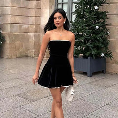 Voguable Black Strapless Christmas Dress Sexy A Line Vintage Velvet Party Mini Dresses Elegant Women Dresses voguable
