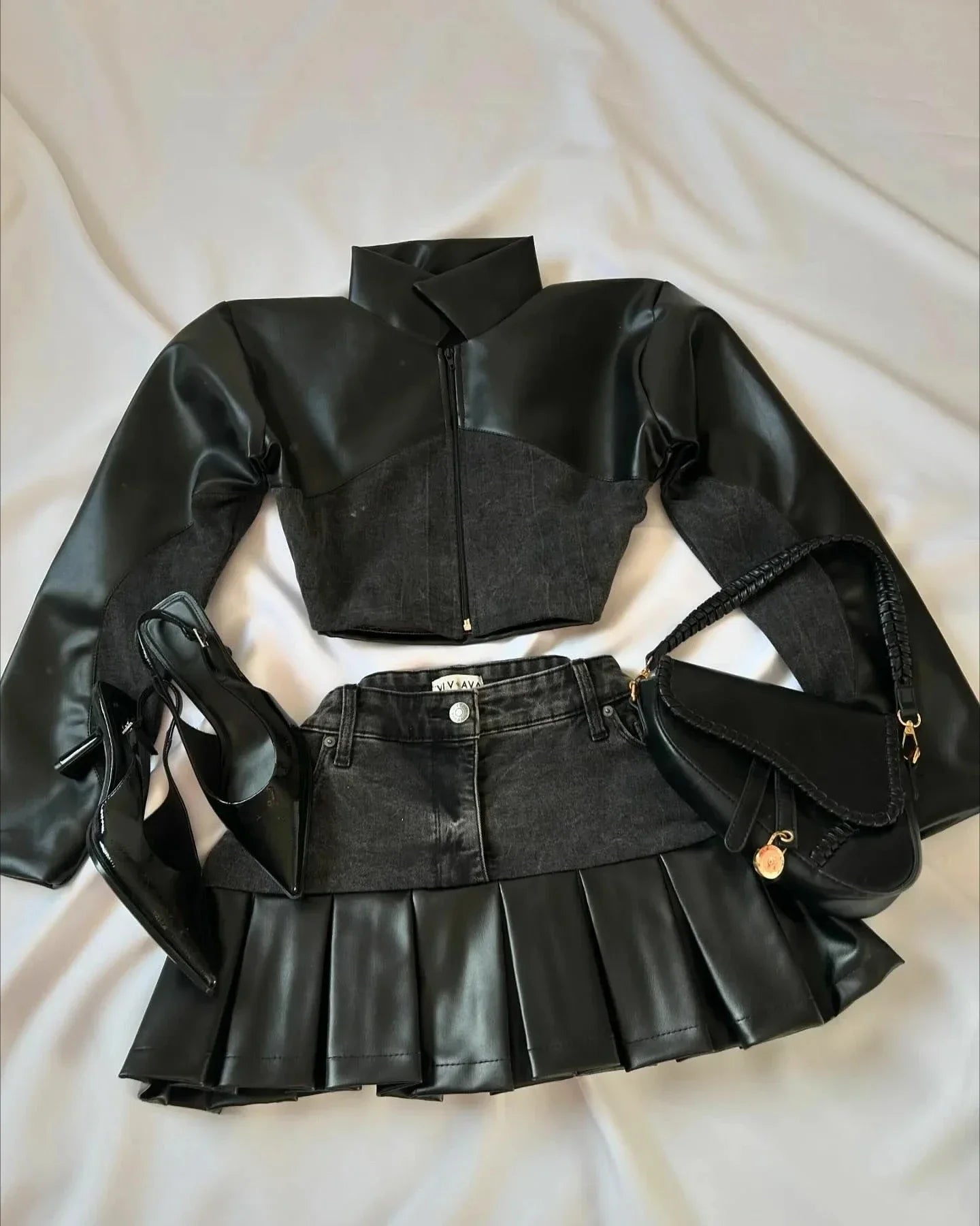 Voguable  Gothic Streetwear PU Denim Crop Top And Pleated Skirt 2 Piece Set Women Dark Academia Outfit voguable