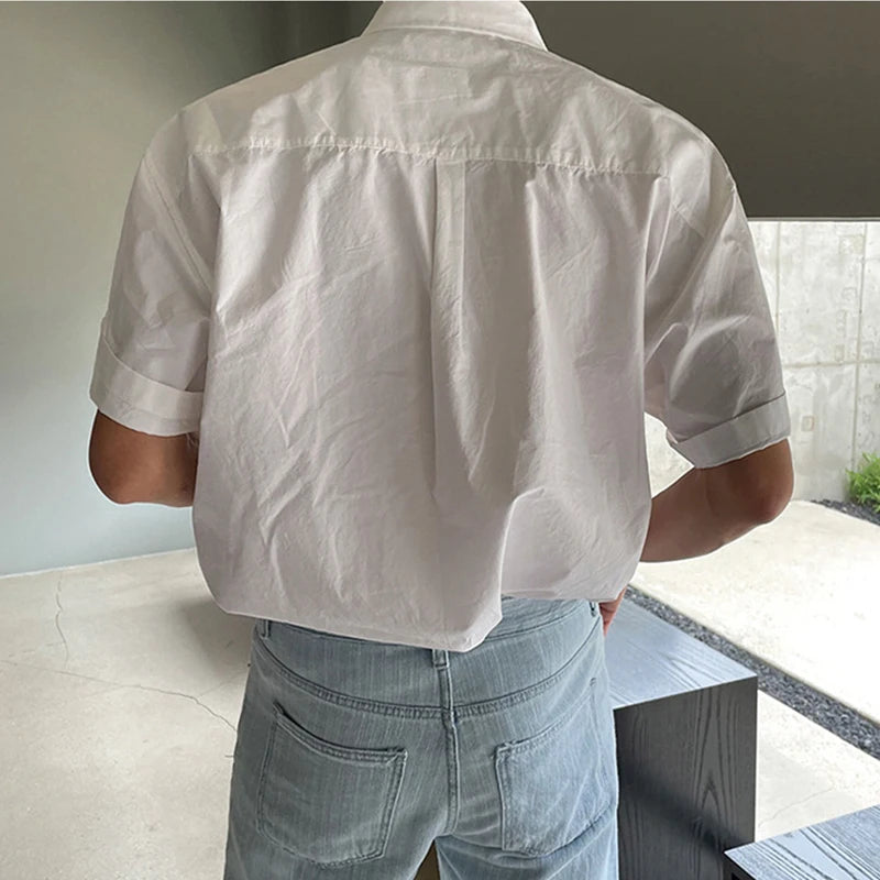 Summer Men's Clothing Light Luxury Shirt Korean Solid Color Short Sleeve Button-down Retro Fashion Leisure Loose Pocket Shirts voguable