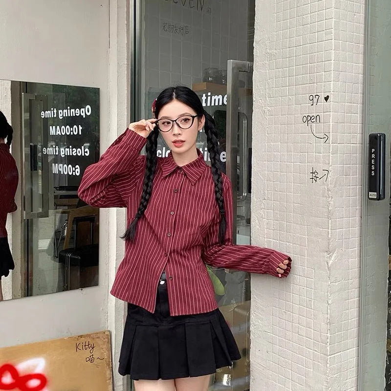 Slim Vintage Striped Tie Shirt Women Fall Long Sleeve American Preppy Style Blouse Casual Female Turn Town Collar Retro Tops New voguable