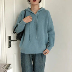 Hooded Sweater for Women Loose Button Front Long Sleeve Rib Knit Pullovers Hoodie Fall Winter Teen-girl Casual Chic Outfit voguable