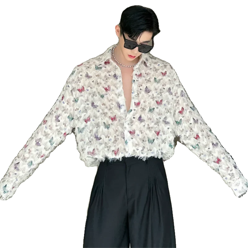 Voguable Korean Tassel Design Long Sleeve Shirts Men's Elegant 2024 New Butterfly Printed Loose Fashion Tops voguable