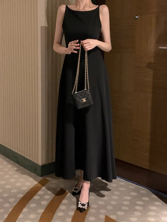 Korea Evening Party Long White Dress Elegant Solid Sleeveless Strap A Line Dress Beach Women One Piece Backless Black Dress 2024 voguable