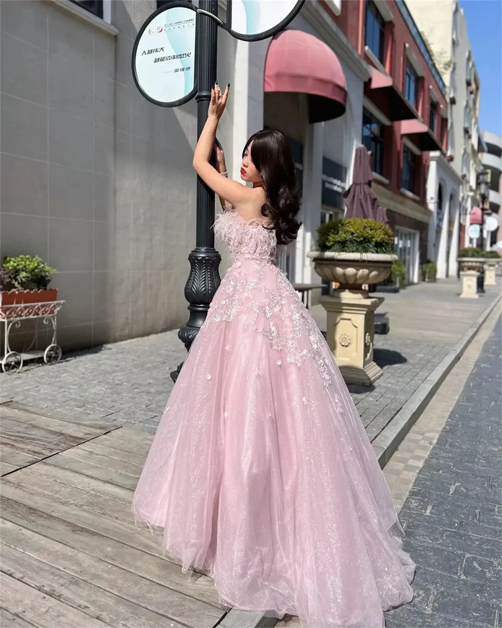 Voguable   Pale Pink Ball Gown Prom Dress Lace Embroidery Off Shoulder Ostrich Hair voguable