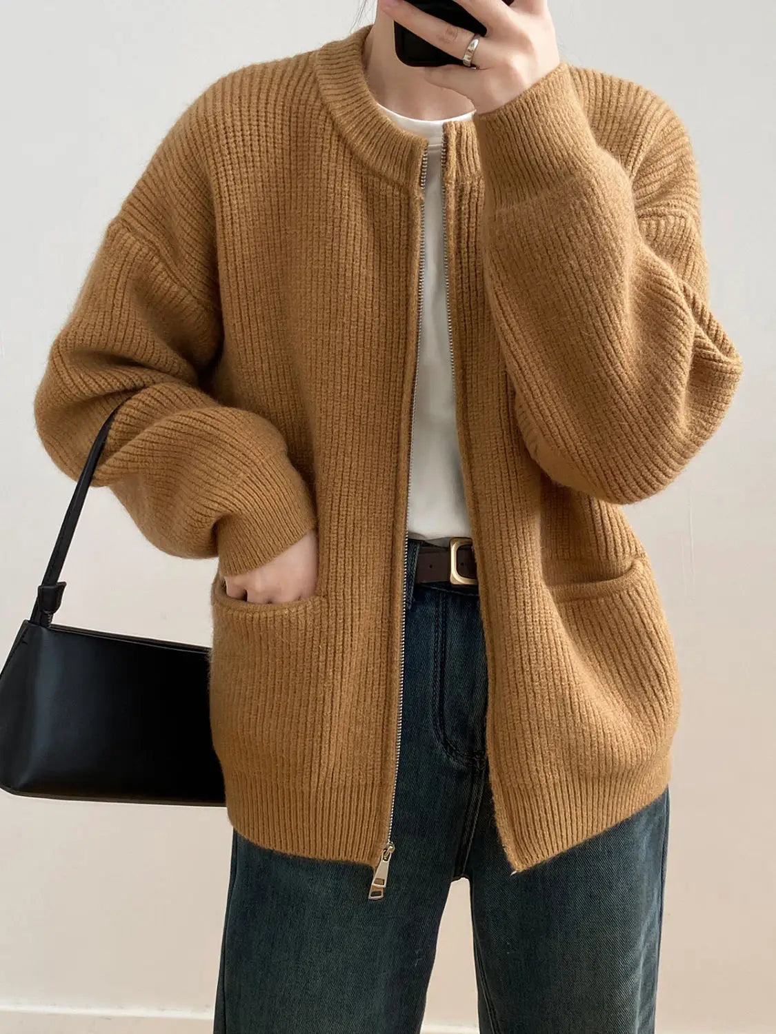 Sweater Cardigan Women Autumn Double Zipper Casual Korean Knitwear Coat Solid Color Loose Soft Long Sleeve Jackets Outerwear voguable