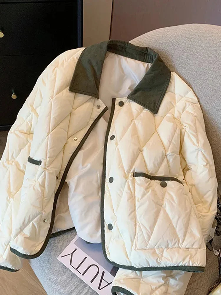Voguable  Vintage Office Lady Argyle Parkas Korean Elegant Long Sleeve Winter Coat Women Casual All Match Pockets Sweet Tops Retro voguable