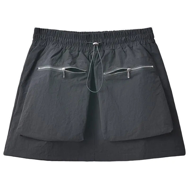 High Waist Drawstring Summer Women Short A Line Skirt Vintage Casual Cargo Big Zipper Pocket Skirt with Safety Shorts Hip Skirts voguable