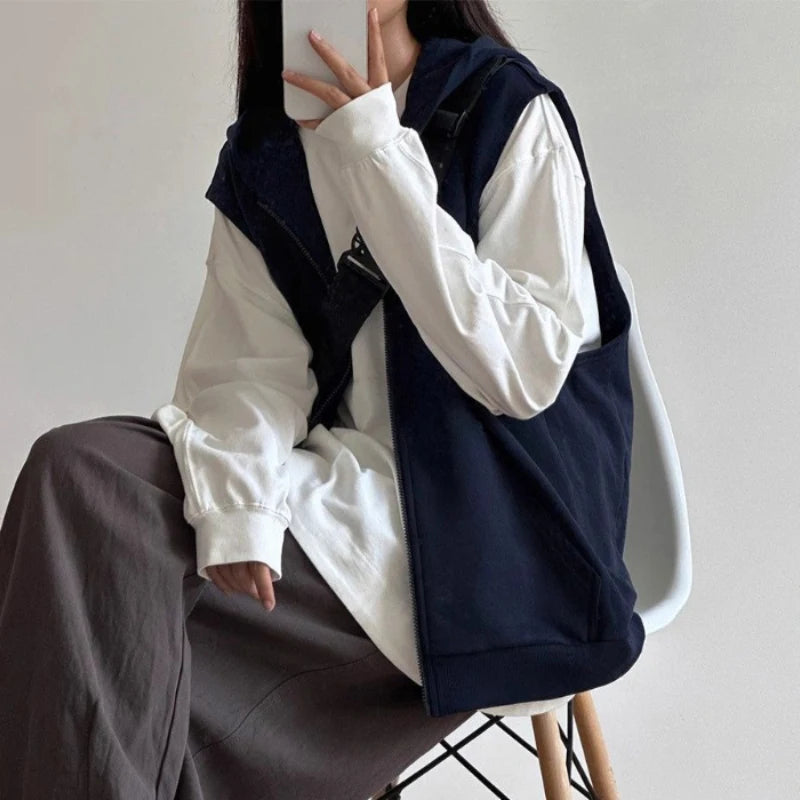 American Retro Sleeveless Hooded Zippered Cardigan Jacket for Women's Autumn Winter Hoodies Camisole Top Vest Jacket voguable