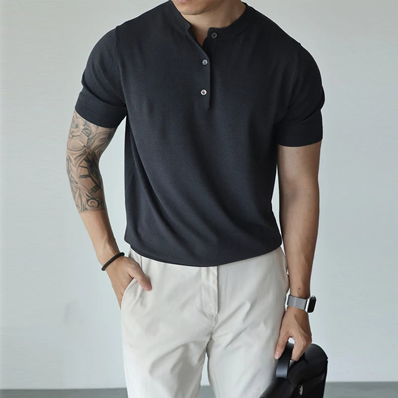 New Fashion American Style Men T-shirt Light Luxury Knitted Henry Collar Tees Casual Solid Color Short Sleeve Breathable Tops voguable