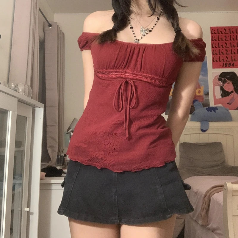 Elegant Lady Square Collar T-shirt Kawaii Bow Short Sleeve Pullovers Tees Y2K Vintage Fairy Grunge Women Crop Top Retro Clothes voguable