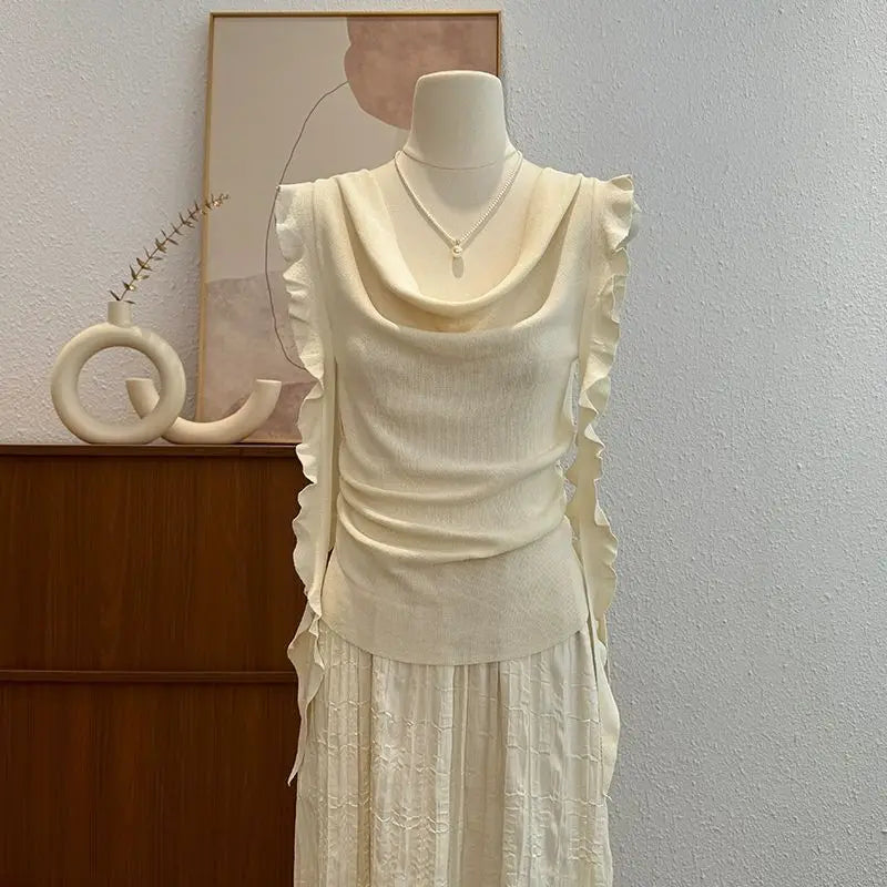 Voguable  Premium Minority Flying Sleeve Knit Tshirts Draped Neckline Lace Up Unique Mujer Camisetas Slim Elegant Casual Moda Tops voguable