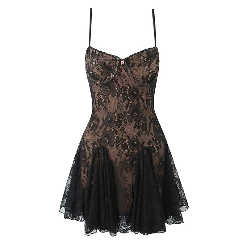 New Fashion Women Spaghetti Straps Lace Sexy Dresses Black Beige Backless Hollow Out A-line Mini Dress Night Out Robe voguable