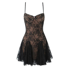 New Fashion Women Spaghetti Straps Lace Sexy Dresses Black Beige Backless Hollow Out A-line Mini Dress Night Out Robe voguable