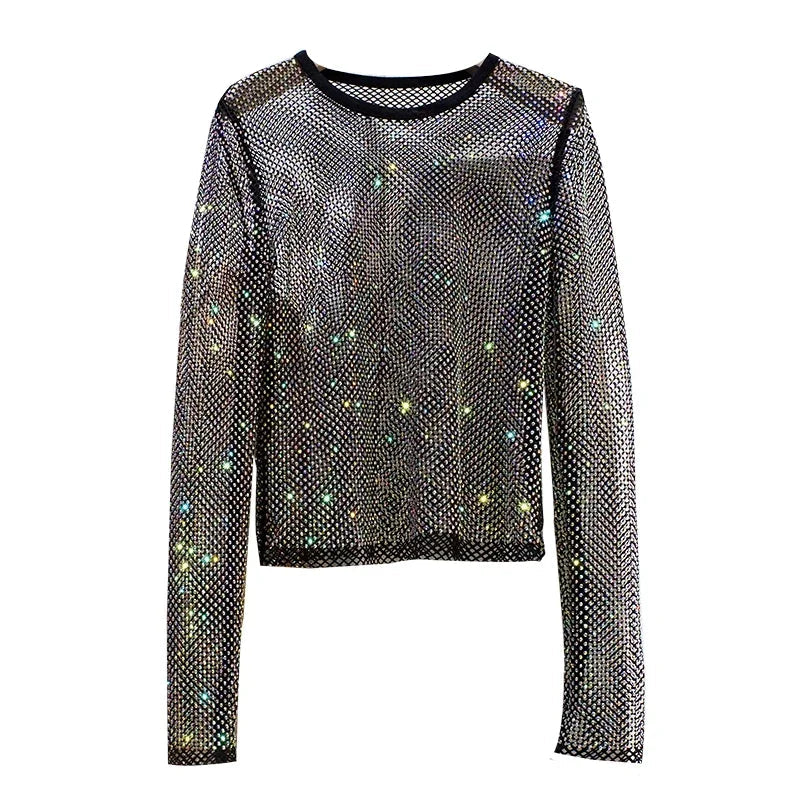 Voguable  Summer New Ladies Temperament Rhinestone Round Neck Long Sleeve Bright Starlight Hollow Shiny Bottoming Shirt Women's Top Trend voguable