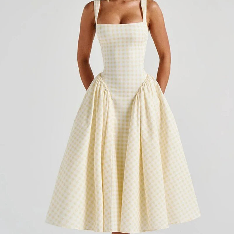 Lace Up Bandage Plaid Sling Dress Women Elegant Square Neck Low Waist A-line Midi Summer Dresses Holiday Party Robe 2025 voguable