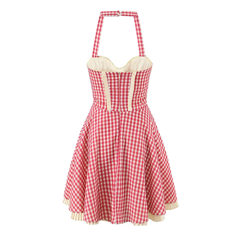 Cute Girl Red Plaid Halter Mini Dresses Women Front Button Pockets Sexy Backless  A-line Short Summer Dress Cotton Robe voguable