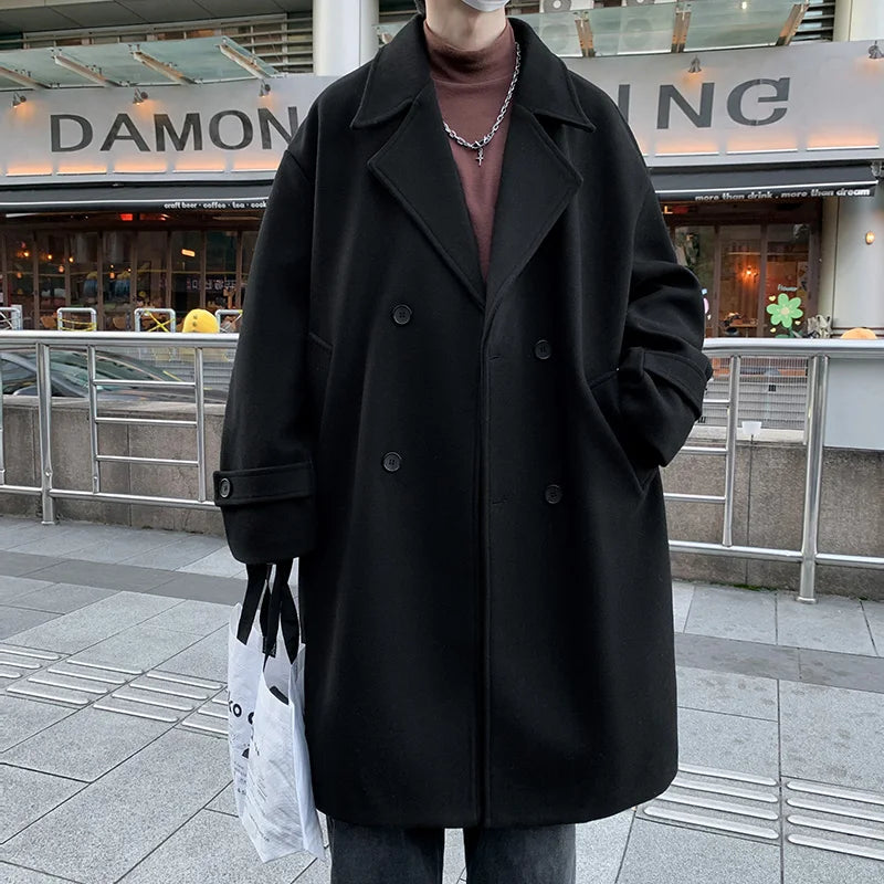 Korean Trend Men's Loose Casual Double-breasted Overcoat Autumn Winter Fashion New Long Sleeve Woolen Long Coat Cardigans Jacket gotmes-shop