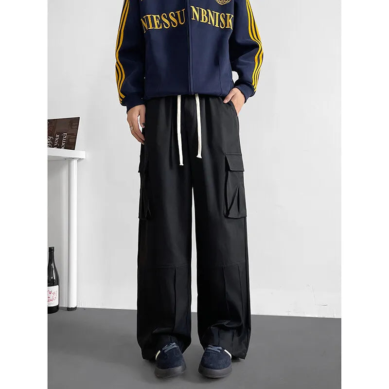 Spring Unisex Loose Wide Leg Cargo Pants Elastic Waist Side Pocket Workwear Casual Wear Trendy Men Women Outdoor Comfort Pleats voguable