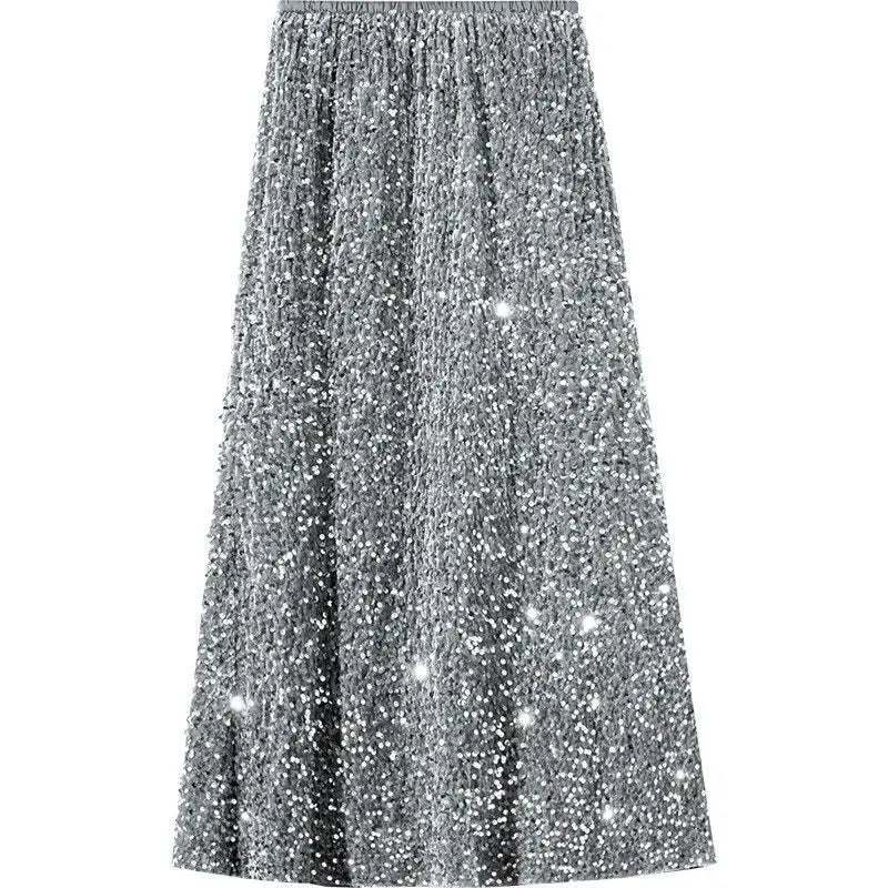 New Pleuche Sequined Spring Autumn Woman Clothing Elastic Waist Skirt High Waist Fashion Nightclub Girl Y2K Vintage Midi Skirts voguable