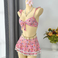 Voguable  Cute Floral Print Bikini Set Bow Front Spaghetti Strap Top with Lace Trim Ruffle Skirt Cover Up Bikinis Set Swimsuit for Women voguable