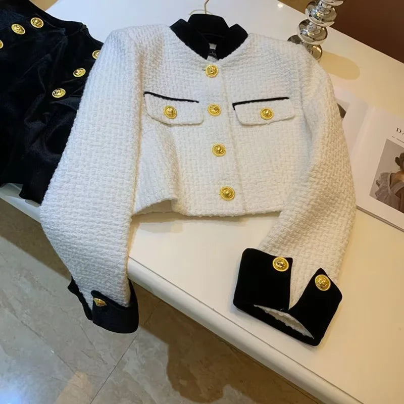 Fashion Stitching Tweed Short Jacket Women Autumn Winter Elegant Office Lady Coat Y2K Korean O Neck Single Breasted Crop Outwear voguable