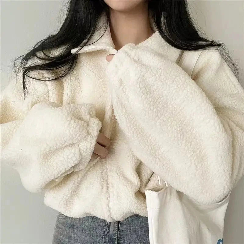 Artificial Lamb Wool Crop Jacket Women Autumn Winter Thick Warm Plush Coat Female Fashion Zipper Stand Collar Casual Outerwear voguable