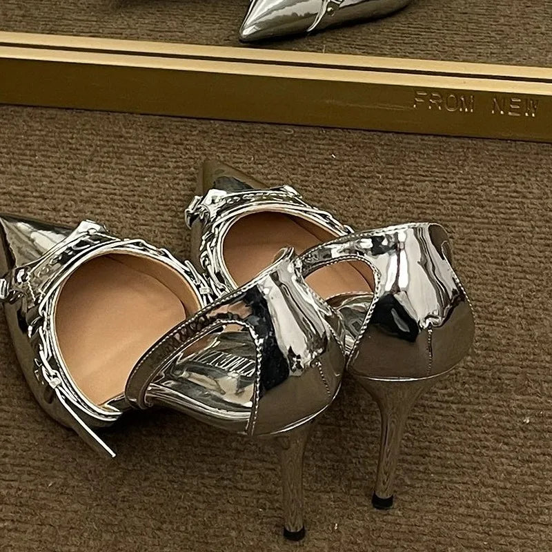 Silver High Heels Sandals Women Summer Punk Goth Pointed Toe Party Shoes Woman Metallic Thin Heeled Dress Pumps Ladie voguable