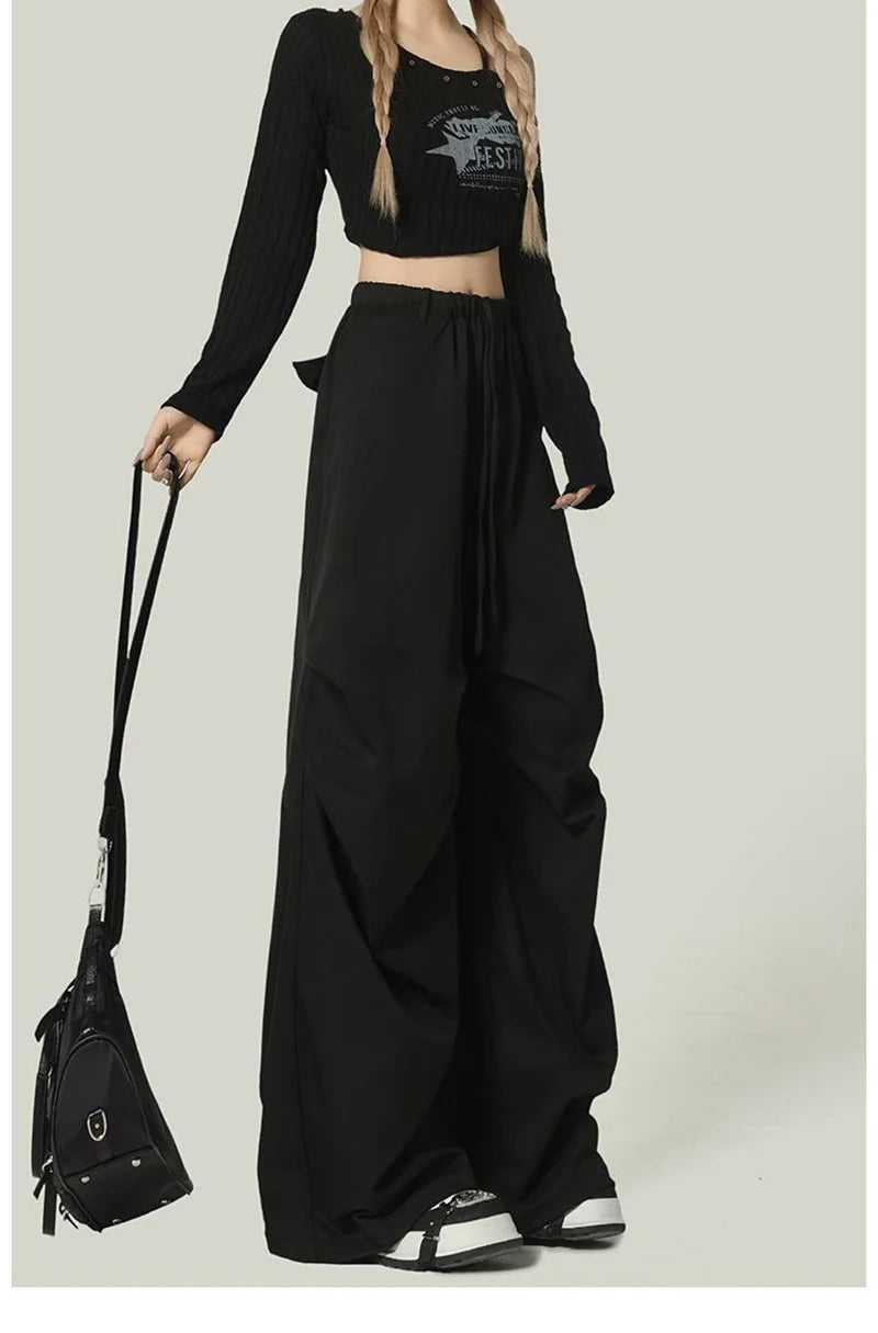 Black Y2K Streetwear Cargo Pant Women Vintage High Waist American Loose Trousers Hip Hop Retro Bf Wrinkles Paratrooper Pants New voguable