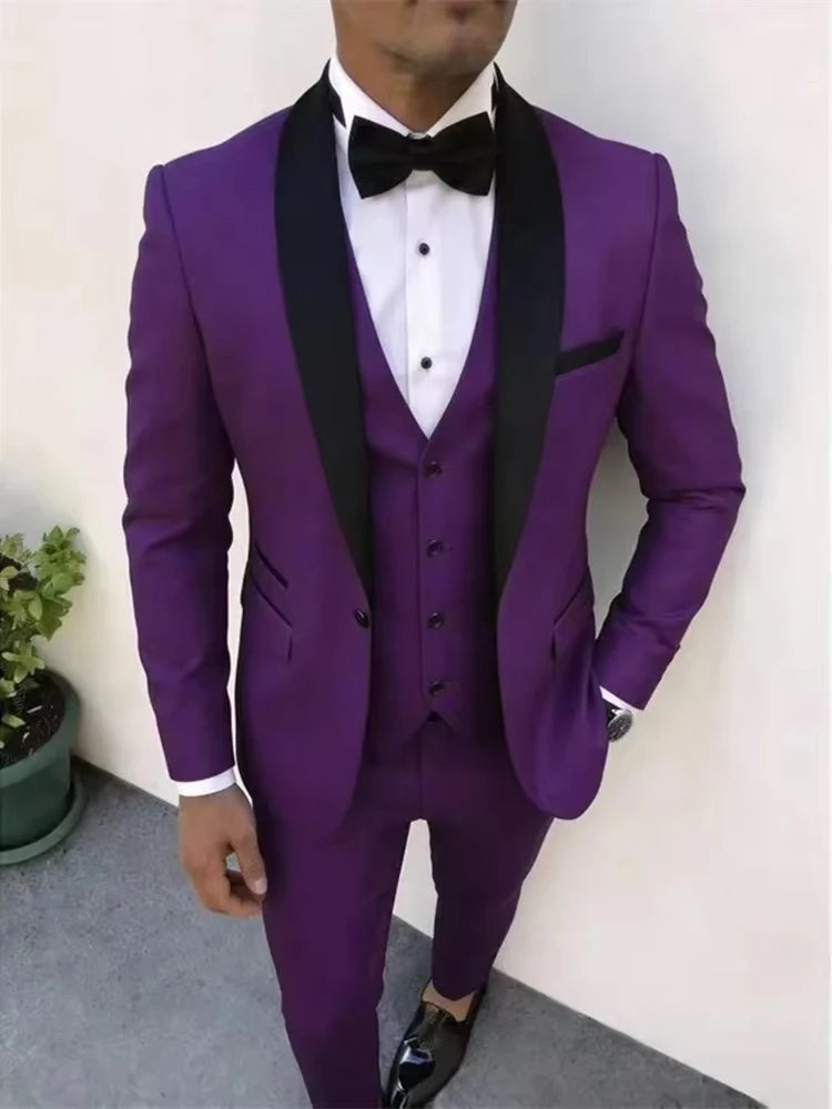 Voguable  Luxury 3pcs Men'S Slim Fit Groomsmen Suit  Dark green Jacket Vest Pant With Non-Stretch Fabric and Color Block Pattern voguable
