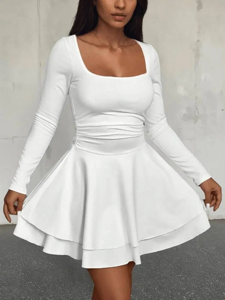 Voguable  Women's Square Neck Ruffle Hem Mini Dress Ruched Waist Long Sleeve Corset Short Party Dresses voguable