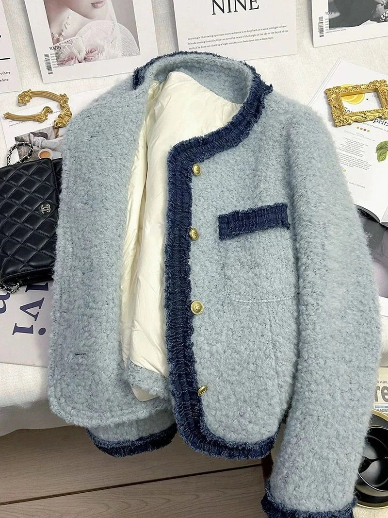 Sweet Thick Warm Tweed Jacket Women O Neck Long Sleeve Winter Cotton Coat Elegant Fashion Patchwork Korean Chic Outwear Top voguable