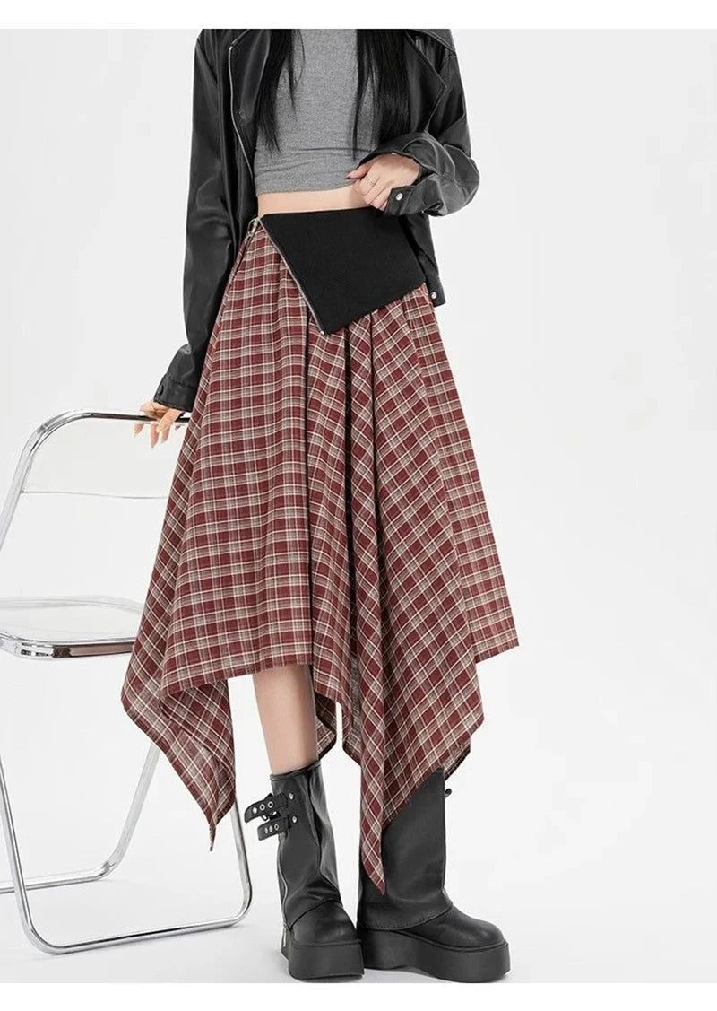 Y2K Streetwear Plaid Long Skirt Women High Waist Retro Hip Hop Irregular Skirt Fall Casual American Gothic Female Long Skirts voguable