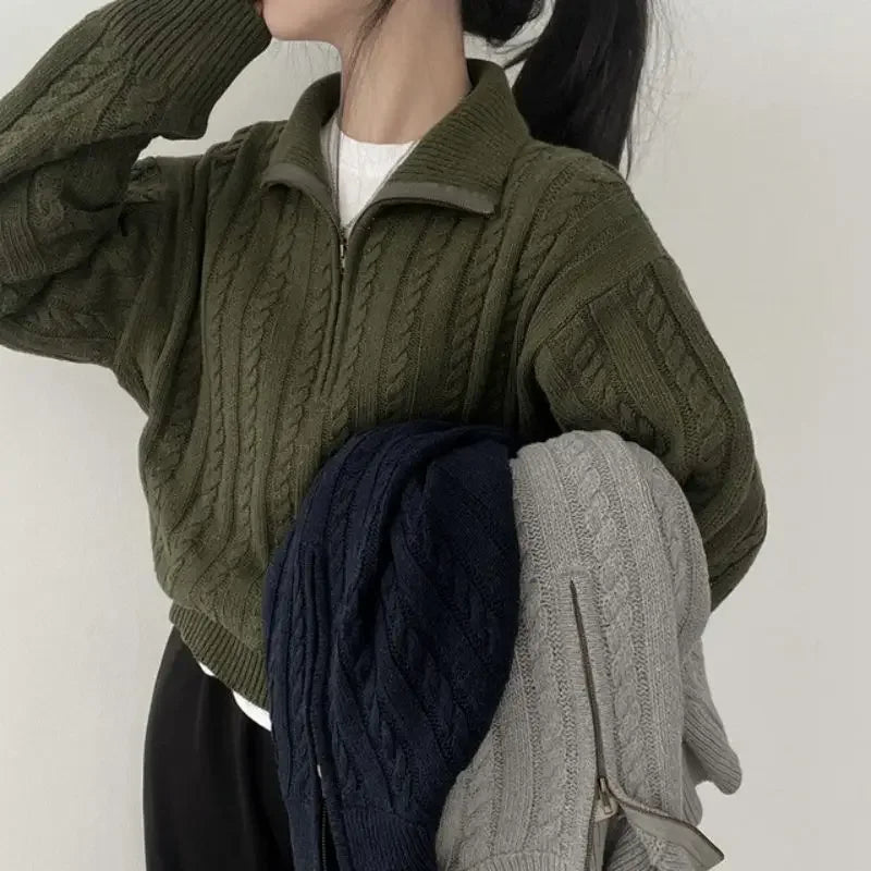 Voguable  Korean Fashion Half Zipper Sweaters Women Vintage Twisted Knitted Crop Pullover Casual Sueter Mujer Long Sleeve Tops voguable