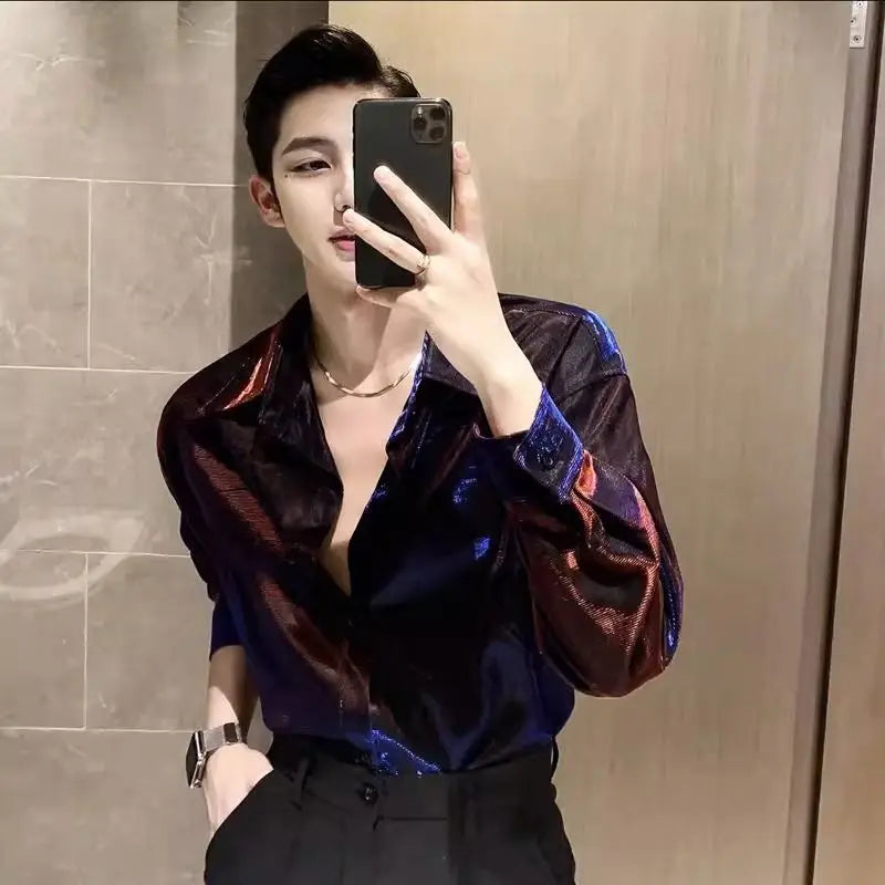 Autumn KPOP Fashion Style Harajuku Slim Fit Ropa Hombre Loose Casual All Match Shirt Square Neck Button Long Sleeve Blusa