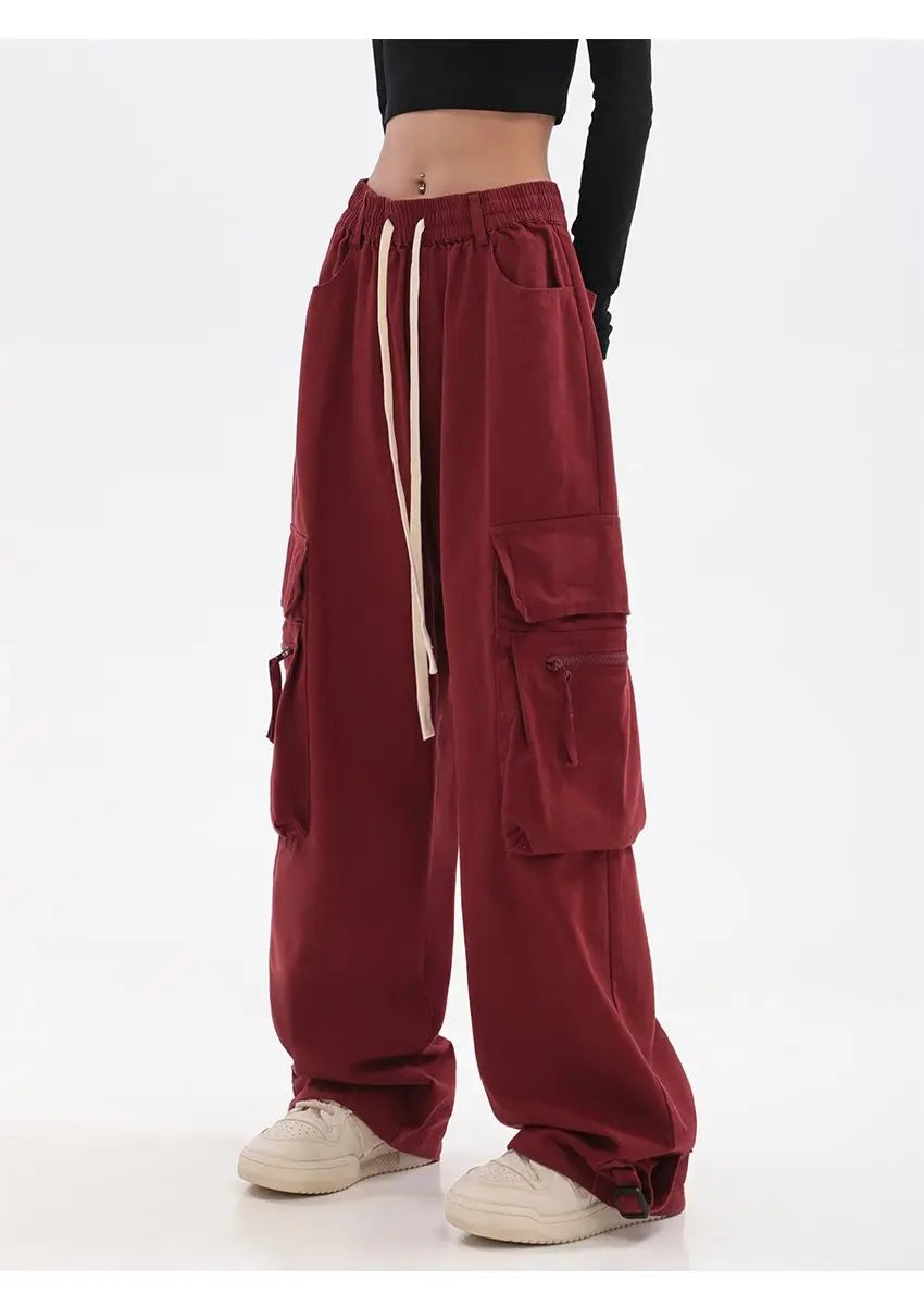 Streetwear Vintage Hip Hop Oversize Red Cargo Pants Women Drawstring Elastic Waist Loose Wide Leg Harajuku Casual Trousers 2023 voguable