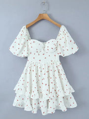 Voguable  Summer Sexy Corset Style Fruit Cherry Print Mini Dress White Retro Women Slim Waist Ruffles Hem Lantern Sleeve Cake Robe voguable