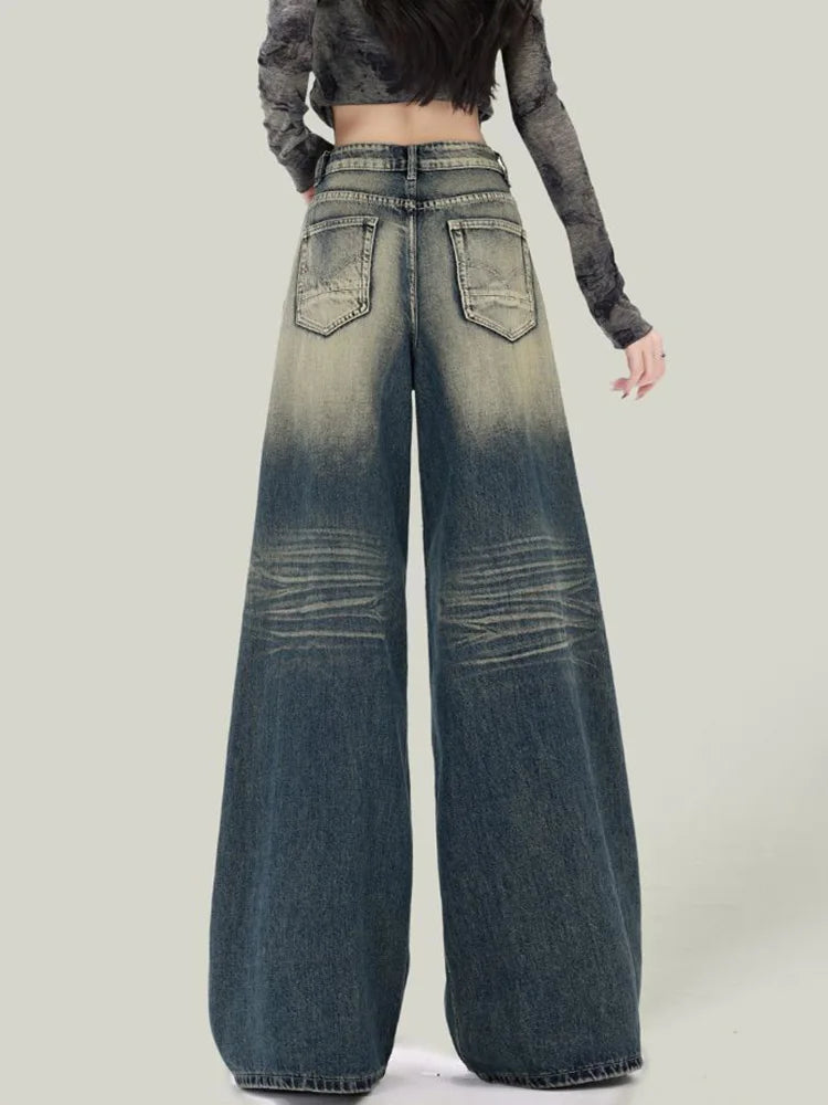 Women Streetwear Retro Jeans Loose High Waist Y2K Denim Pants Casual American Harajuku Fall Female Pockets Wide Leg Trousers New voguable