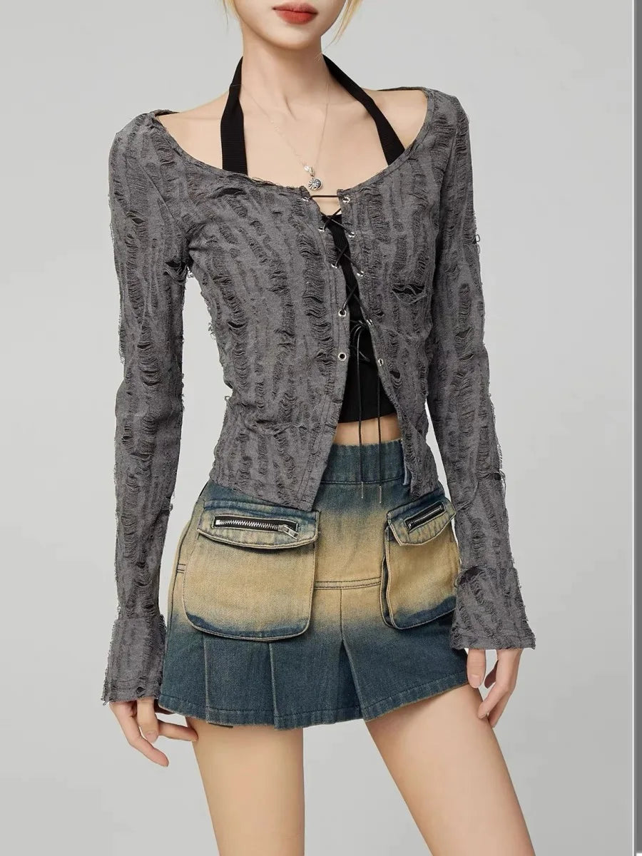 Destressed Two Piece Set Lace-up Cardigan with Cami Women's Y2K Grunge Crop Long Sleeve Criss Cross Knit Tops Acubi Outfit voguable