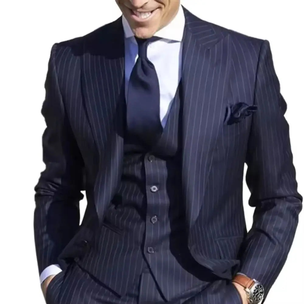 Voguable  Elegant 3 Piece Wedding Party Wear Grooms Suit Engagement Men's Suits Striped Grey Suit (Jacket+Vest+Pants) voguable