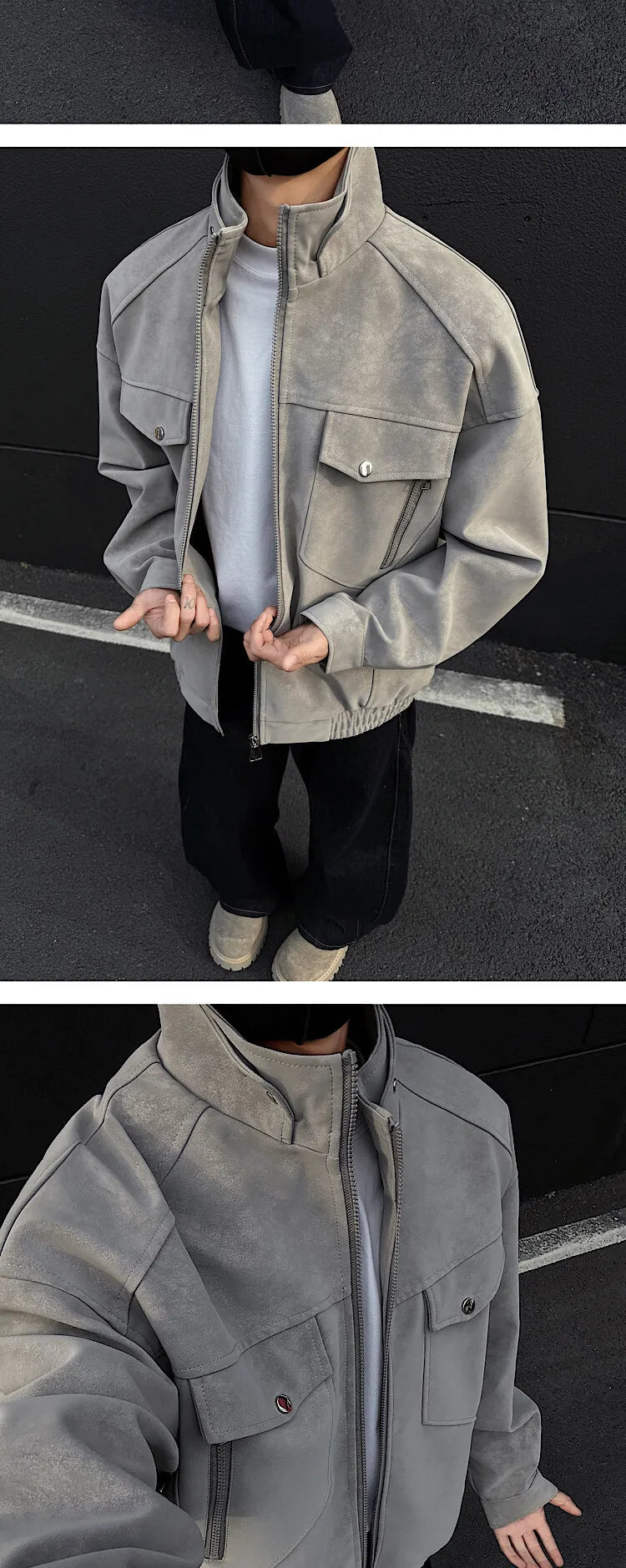 Mens Short Stand Collar Motorcycle Jacket Patchwork Cargo Biker Coat Spring Outdoor Riding Fashion Streetwear Urban Trendy voguable